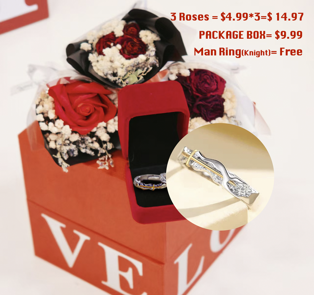 3 preserved roses in a box with free men's ring, perfect gift for romantic occasions