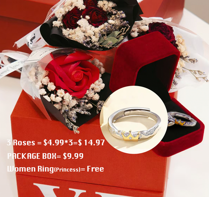 3 preserved roses in a box with free women's ring, perfect romantic gift