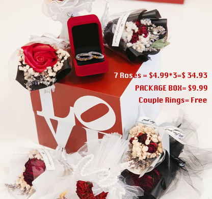 Seven preserved roses in a box with couple rings, perfect for couples and romantic gestures