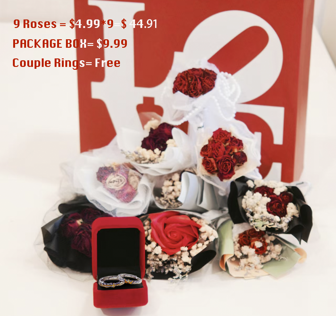 Nine preserved roses in a box with couple rings, perfect for a romantic gesture