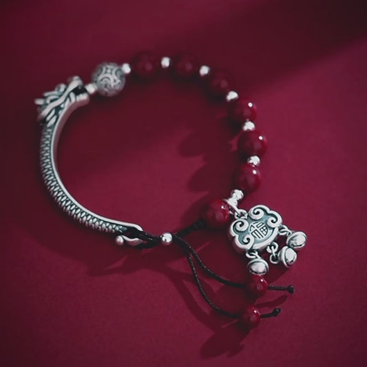 Pure Silver Natural Cinnabar Dragon Blessing Bracelet